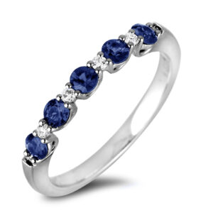 Round Shaped Sapphire and Canadian Diamond Anniversary Ring in White Gold