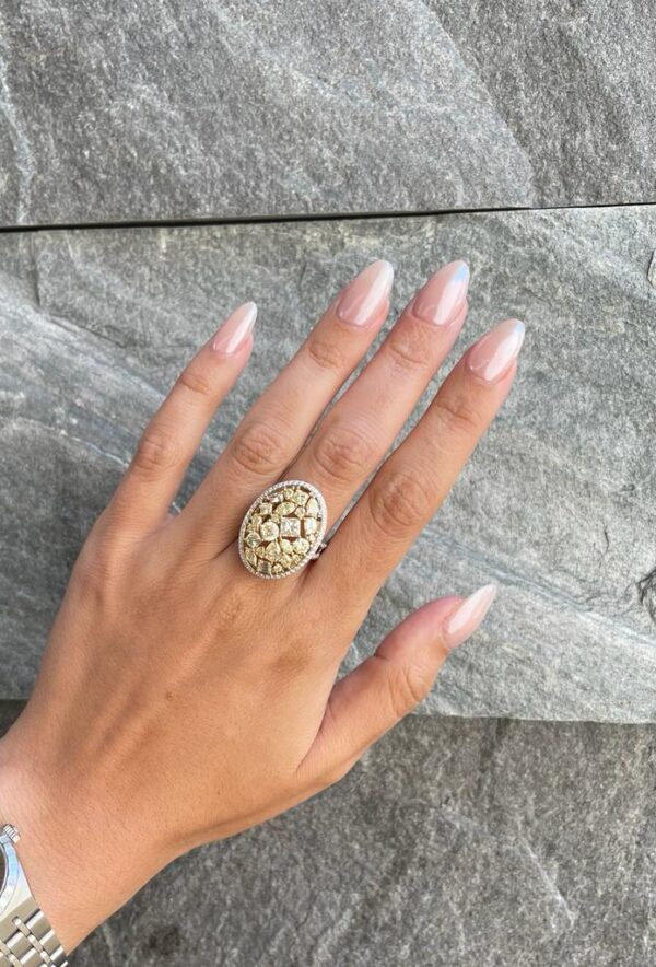 Mosaic 3.71 Carat TW Fancy Yellow Diamond Halo Cocktail Ring In 18K White And Yellow Gold