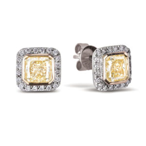 Fancy Yellow Diamond Bezel Set Halo Stud Earrings In 18K Gold