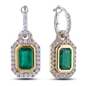 Emerald And Diamond Bezel Set Halo Dangle Drop Earrings In 18K Gold