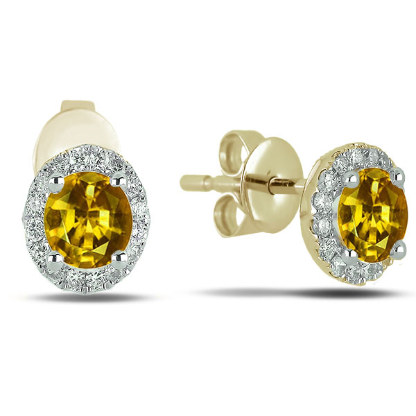 Yellow Sapphire And Canadian Diamond Halo Studs Earrings In Yellow Gold