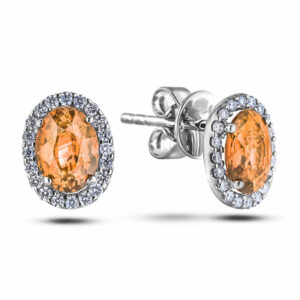 Oval Shape Citrine And Diamond Halo Stud Earrings In Yellow Gold