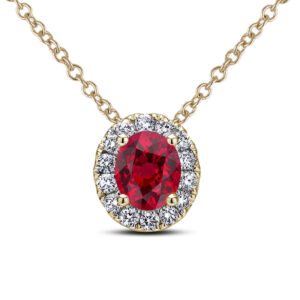 Oval Ruby And Canadian Diamond Halo Pendant In Yellow And White Gold