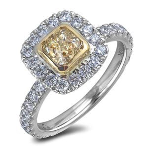 Cushion Cut 1.50 Carat Fancy Yellow Diamond Bezel Set Halo Engagement Ring In 18K White Gold