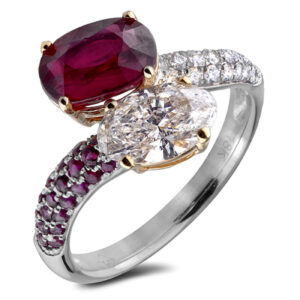 You and Me Rink Set With 2.09 Carat Ruby And 1.00 Carat Canadian Diamond In 18K White And Yellow Gold