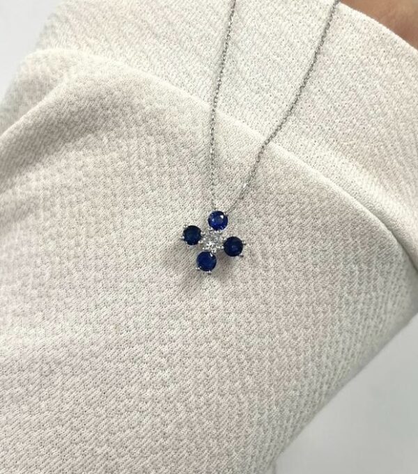 Diamond And Sapphire Cherry Blossom Flower Necklace In White Gold