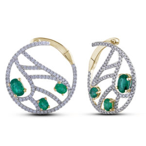 Mosaic Hoop Earrings Set With 1.38 Carat TW Emeralds and Diamonds in 18K Yellow Gold