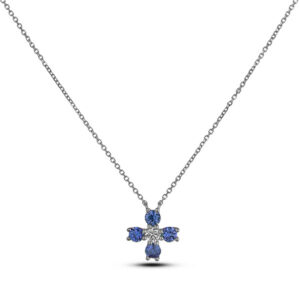 Diamond And Sapphire Cherry Blossom Flower Necklace In White Gold
