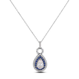 Pear Shaped 1.00 Carat Canadian Diamond And Sapphire Halo Pendant In 14K White Gold