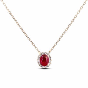 Oval Cut 1.29 Carat Ruby And Diamond Halo Pendant In 18K Yellow Gold