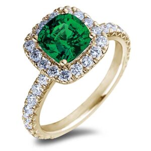 Cushion Cut 1.55 Carat Zambian Emerald And Diamond Halo Ring In 18K Yellow Gold