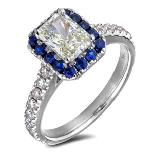 Emerald Shape 1.03 Carat Canadian Diamond And Sapphire Halo Engagement Ring In 14K White gold