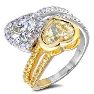 Certified Double Heart Shaped White and Yellow Diamond You and Me Ring in 18K Gold