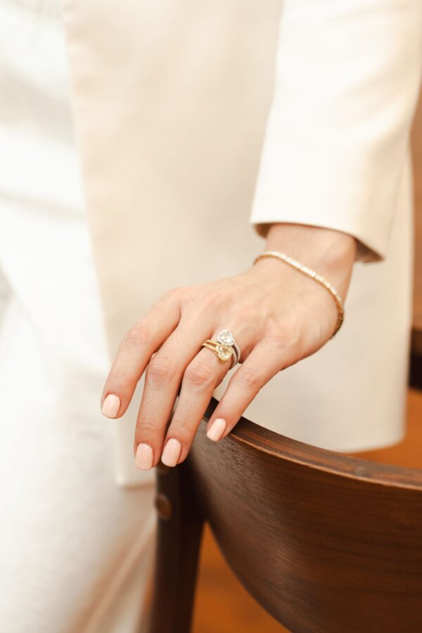 Certified Double Heart Shaped White and Yellow Diamond You and Me Ring in 18K Gold