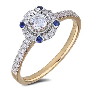 De Beers Forevermark Diamond Classic Halo Engagement Ring with Sapphire Accents in 18K Yellow Gold