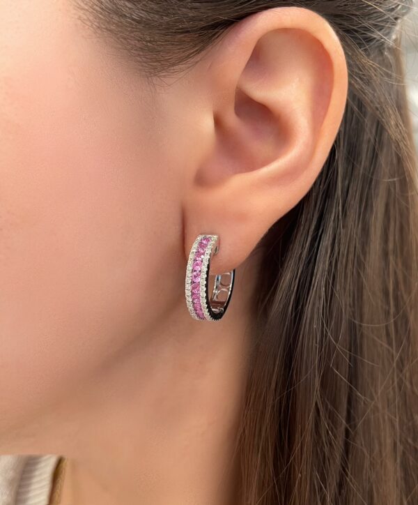 Pink Sapphire And Diamond Hoop Earrings In 14K Yellow Gold