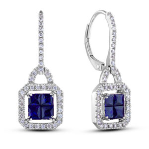 Diamond And 1.25 Carat TW Sapphire Dangle Hoop Earrings In 14K White Gold