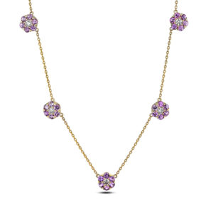 Pink Sapphire and Diamond Flower Necklace In 14K Yellow Gold