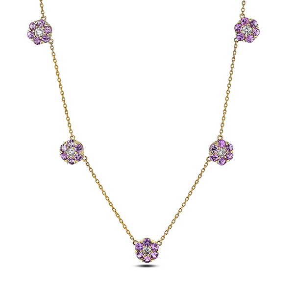 Pink Sapphire and Diamond Flower Necklace In 14K Yellow Gold