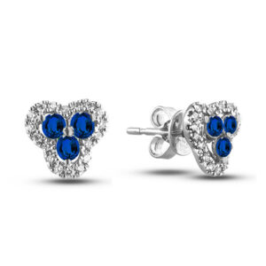 Sapphire And Canadian Diamond Flower Clover Halo Stud Earrings In White Gold