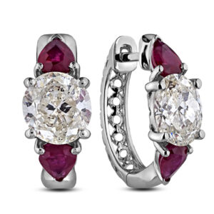 Ruby and Diamond Three Stone Hoop Earrings in 18K White Gold