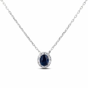 Blue Sapphire and Canadian Diamond Halo Pendant In White Gold