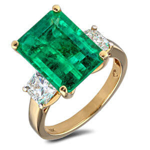 Emerald Cut 6.32 Carat Emerald And 1.50 Carat TW Ideal Cut Canadian Diamond Ring In 18K Yellow Gold