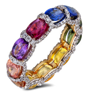 Rainbow Sapphire And Diamond Eternity Ring In 14K White Gold