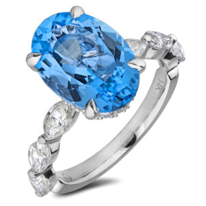 Blue Topaz and Marquise Diamond Cocktail Ring with Hidden Diamond Detail in 14K White Gold