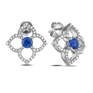 Sapphire And Diamond Flower Earring In 14K White Gold