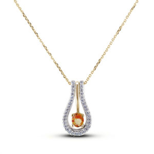Diamond And 0.85 Carat Padparadscha Color Orange Sapphire Halo Dangle Pendant In Gold