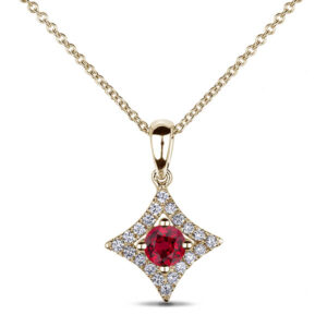 Ruby And Canadian Diamond Halo Pendant in Yellow Gold