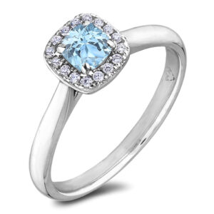 Blue Topaz And Canadian Diamond Square Halo Ring In 14K White Gold