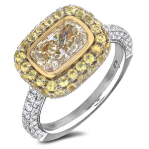 Bezel Set 1.51 Carat Fancy Yellow Diamond And Yellow Sapphire Halo Ring In 18K White Gold