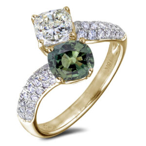 Canadian Diamond and Ceylon Green Sapphire You and Me Ring In 14K Gold