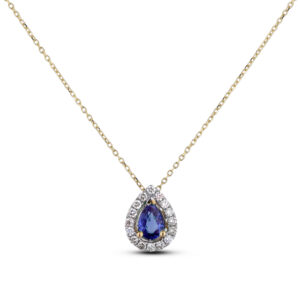 Pear Shape Tanzanite and Diamond Halo Pendant In Yellow Gold