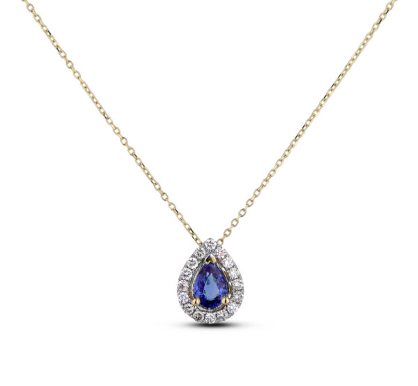 Pear Shape Tanzanite and Diamond Halo Pendant In Yellow Gold