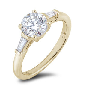 Engagement Ring With De Beers Forevermark Diamond and Baguette Side Stones in 18K Yellow Gold