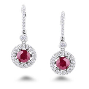 Ruby and Canadian Diamond Dangle Earrings In 18K White Gold