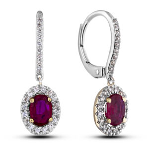 Thai Ruby and Canadian Diamond Oval Dangle Earrings in White & Yellow Gold