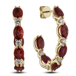 African Garnet and Canadian Diamond Hoops Earrings In Yellow Gold