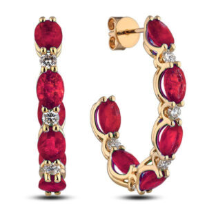 Ruby and Canadian Diamond Hoop Earrings In Yellow Gold