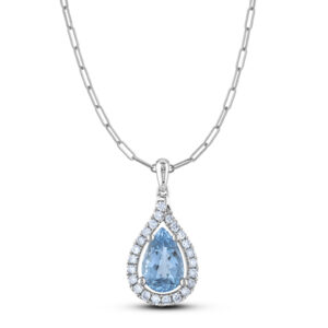 Blue Topaz and Diamond Halo Pendant With Paperclip Chain in 18K Gold