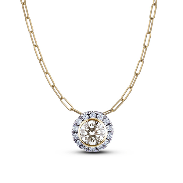 GIA Canadian Diamond Bezel Set Halo Necklace with Paperclip Chain in 18K White and Yellow Gold