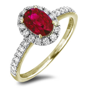 Thai Ruby & Canadian Diamond Oval Halo Ring in Yellow Gold