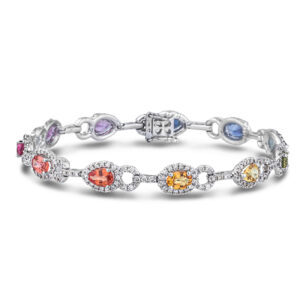 Rainbow Sapphire and Diamond Halo Bracelet in 14K White Gold