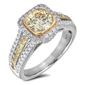 GIA Light Yellow Diamond Halo Engagement Ring With Yellow Sapphire in 18K White and Yellow Gold