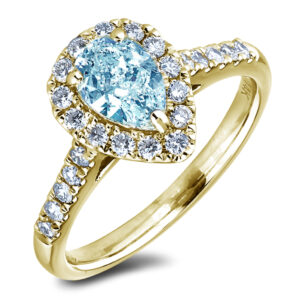 Pear Cut Aquamarine & Canadian Diamond Halo Ring in Yellow Gold