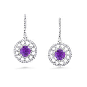 Amethyst And Canadian Diamond Dangle Hoop Earrings in White Gold