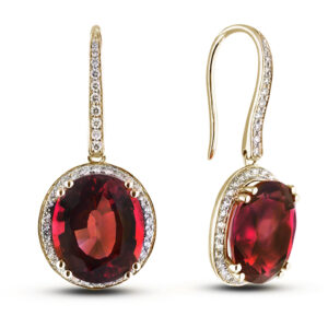 African Garnet and Canadian Diamond Hook Dangle Earrings in Yellow Gold